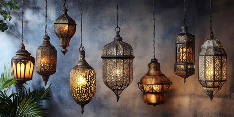 Obraz premium Traditional hanging lanterns in Arabic style lighting, radiating warm light and showcasing intricate designs. These antique metal lanterns embody the essence of Islamic art and culture