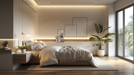 A minimalist bedroom with clean lines, a floating nightstand, and minimal decor