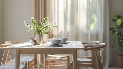 Scandinavian-inspired dining area with light wood furniture and airy textiles.