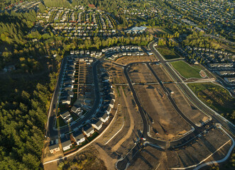 A residential area with houses and a park