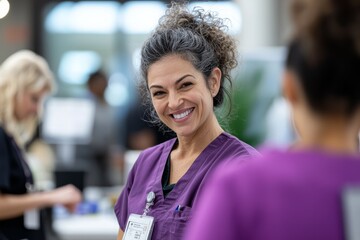 Fototapeta premium Attendees getting free health check-ups at a wellness fair. Nurses are checking blood pressure and giving advice, Generative AI 