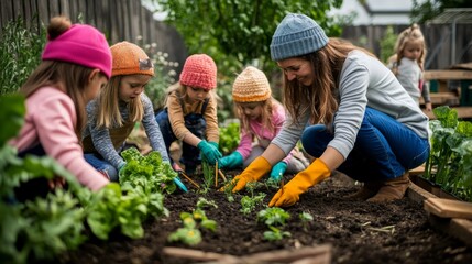 A teacher kneels beside excited children in a garden, demonstrating how to plant seeds in soil while they eagerly hold tiny gardening tools