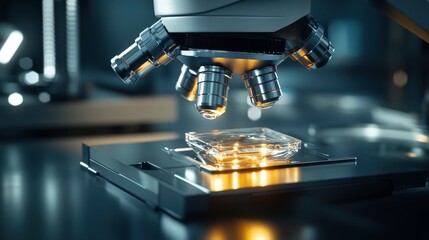 fashion editorial of Detailed view of a microscope with a glass slide placed on the stage, amplified with fine adjustments and illuminated under a white table's lighting