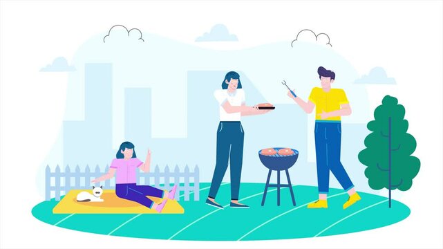 Illustration of a family having a relaxing barbecue in their backyard animated video