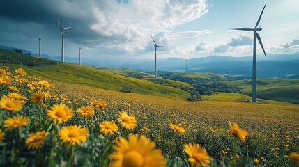 As the sun sets, wind turbines spin above the patchwork of agricultural fields, a glimpse of renewable energy's future.