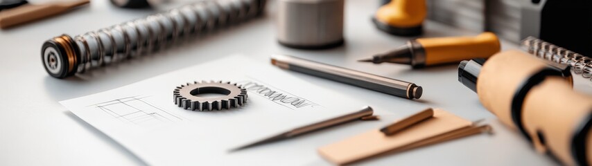 Fototapeta premium fashion editorial of Image capturing various engineering sketches and a notepad with design ideas, placed on a white table next to a set of drafting tools, representing the planning phase