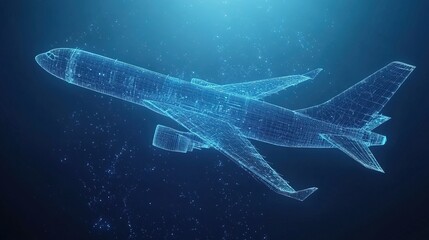 Plane Wing Flying Through the Sky, Blue Wireframe Technology