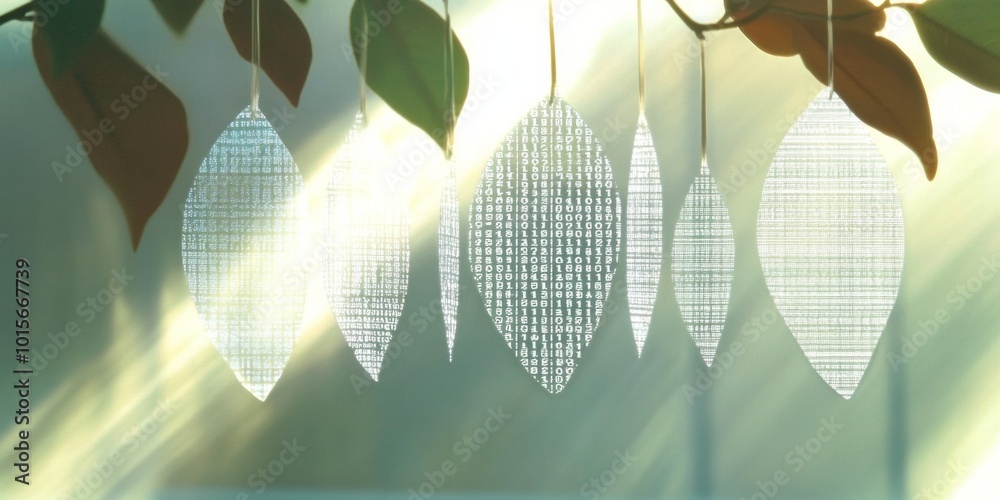 Leinwandbilder minimalist transparent leaves hanging with binary code in sunlight