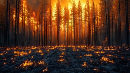 Obraz premium Blackened fir trees stand tall after a forest fire, their charred remains a testament to nature's resilience.