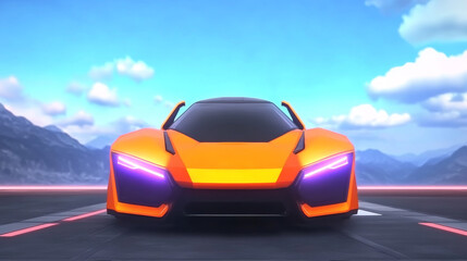 A bright orange sports car sits on a racetrack with mountains in the background.