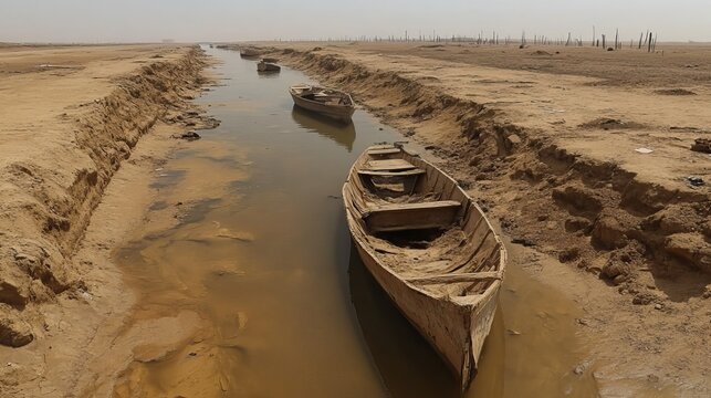 Boats sit abandoned along the receding shoreline of the Euphrates River in southern Iraq, left by a drought caused by climate change.
