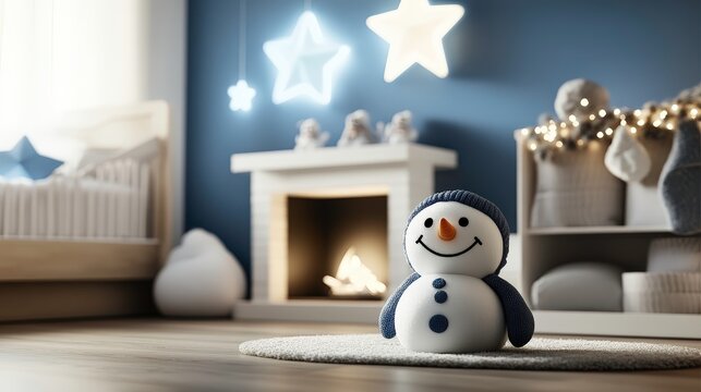 holographic of A charming winter wonderland nursery featuring a snowman plush toy on a shelf, a fireplace adorned with garlands and stockings, and a 3D star above the crib, casting a gentle glow over
