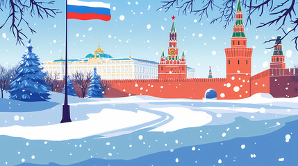 Russian flag waving over moscow kremlin in winter. Russian Winter Palace. Illustration