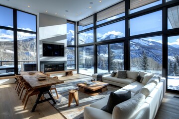 Fototapeta premium Modern living room with white sofa and wood table, featuring large windows overlooking snow-capped Colorado mountains and indoor fireplace.