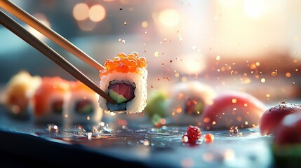 holographic of A vibrant selection of assorted sushi rolls, neatly held by chopsticks in a steady grip, accentuating the various toppings and fillings, against a transparent backdrop for clarity