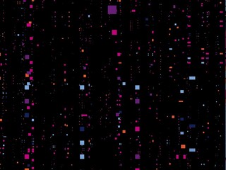 Abstract background with a digital glitch effect, featuring a scattered pattern of colorful squares on a black background, creating a sense of chaos and disruption.