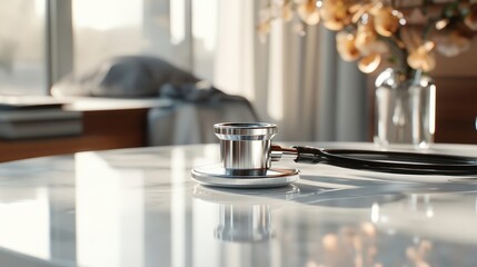 Modern Art Surrealism of Close-up of a stethoscope resting on a pristine white table, highlighting the soft rubber tubing and polished metal chest piece