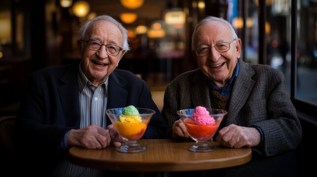 Two elderly men enjoy each other's company at a quaint caf&eacute;, savoring vibrant fruit sorbets while basking in the warm sunlight and happiness