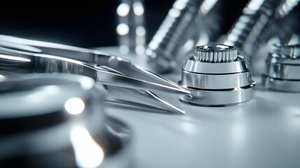 holographic of Close-up of small medical instruments like tweezers and forceps meticulously organized on a white table, showcasing their shiny stainless steel finish