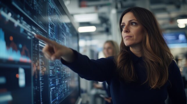 A software developer engages her colleagues by pointing at detailed data on a large screen, highlighting teamwork in a modern lab full of technology