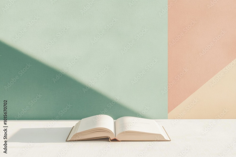Poster Minimalist Open Book on White Surface in Soft Sunlight with Geometric Background