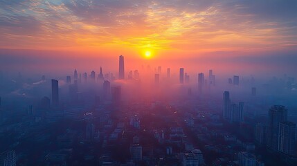 A thick layer of air pollution and dust covers Bangkok, Thailand, in the morning, captured in an aerial drone view of the city’s struggle with air quality.