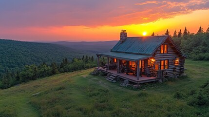 A thunderstorm clears over a backcountry hut in Maine, captured at sunset in a breathtaking aerial view of the weather and landscape.