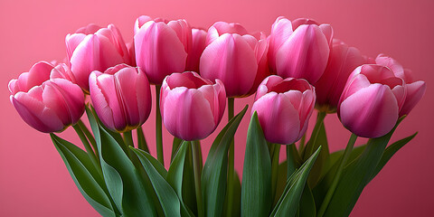 Obraz premium Beautiful Pink Tulips flower in Full Bloom Pink background