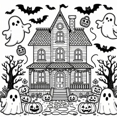 Naklejka premium A creepy haunted mansion with bats and comical spirits. Halloween coloring pages for children