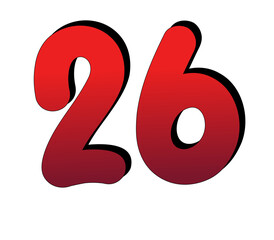 3D Number 26 twenty six gradient red color on transparent background for design elements0
