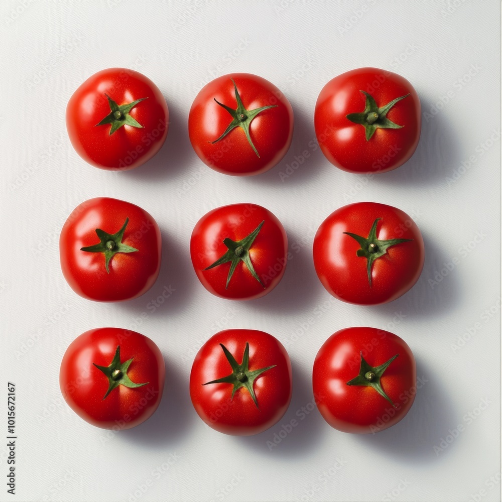 Aufkleber aerial view of red tomatoes in perfect symmetrical pattern on soft gray background - geometric preci