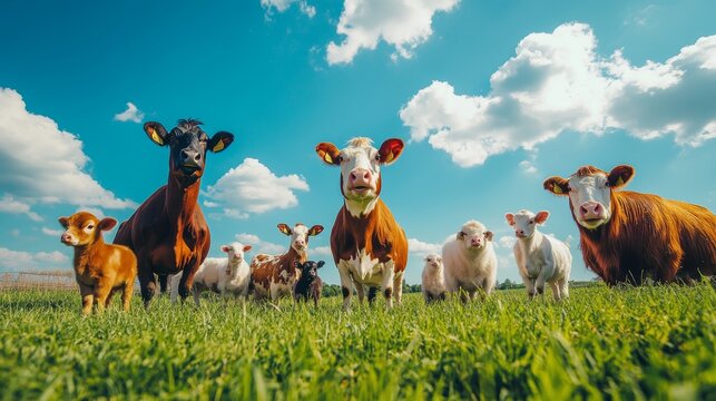"A real-life image of a diverse group of farm animals, such as cows, chickens, and sheep, peacefully grazing in a lush green pasture, capturing the essence of World Farm Animal Day 