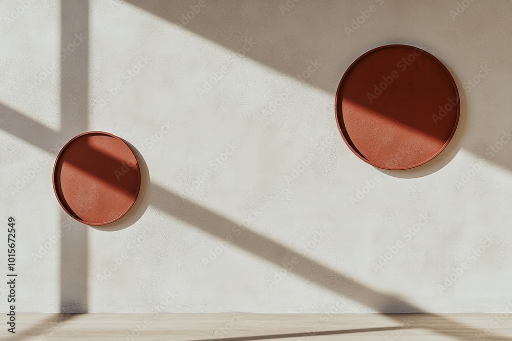 Poster minimalist gallery space with red circular frames on beige wall and oak floor in warm ambient light