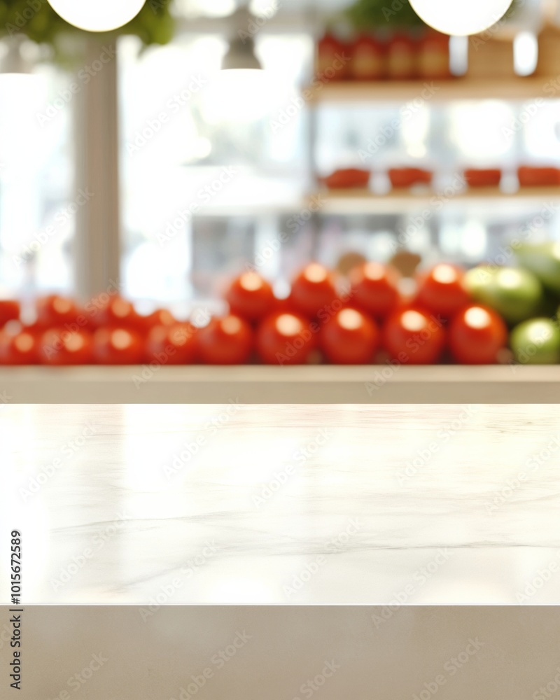 Poster minimalist product display on smooth white marble counter in fresh produce-themed kitchen with blurr