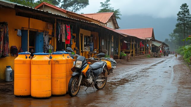 A typical boda boda motorbike in Uganda transports several water canisters at once, seen parked at a gas station near Mbale.