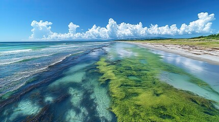 Naklejka premium A vibrant algae bloom spreads across the shoreline, a vivid display of nature’s response to changing environmental conditions.