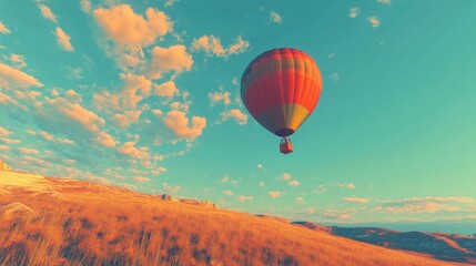 Fototapeta premium Majestic Hot Air Balloon Soaring Over the Serene Countryside