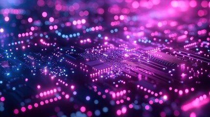 A vibrant microchip backdrop in purple and blue, designed with 3D illustrations of PCB technology and futuristic linkages.