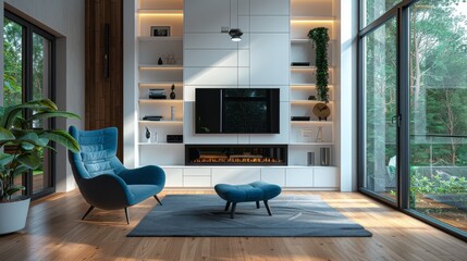 Modern white built-in wall with shelves and TV in the living room of an upper middle-class home, featuring a blue chair and a fireplace, illuminated by natural light.