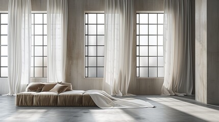 A modern minimalist room with a plush velvet sofa and flowing curtains over large windows