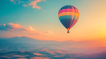 Fototapeta premium Mesmerizing Hot Air Balloon Soaring over Serene Landscape at Sunset