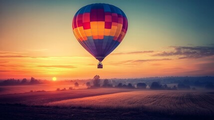 Fototapeta premium Colorful Hot Air Balloon Soaring Over Scenic Countryside at Sunset