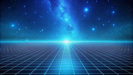 A futuristic landscape with a grid pattern receding towards a horizon illuminated by a bright star under a night sky filled with stars and a galaxy