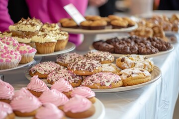 Bake sale table filled with cookies and cakes. Volunteers are selling treats to happy customers, Generative AI