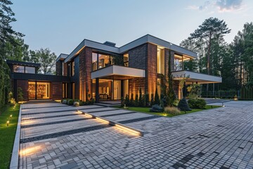 Obraz premium Modern luxury house in Warsaw, Poland, featuring a large driveway and herringbone patterned stone pavement during a summer evening.