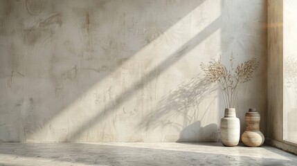 Minimalist photo of a plain beige wall with stoneware vases on the right, showcasing empty space and detailed texture in natural light.