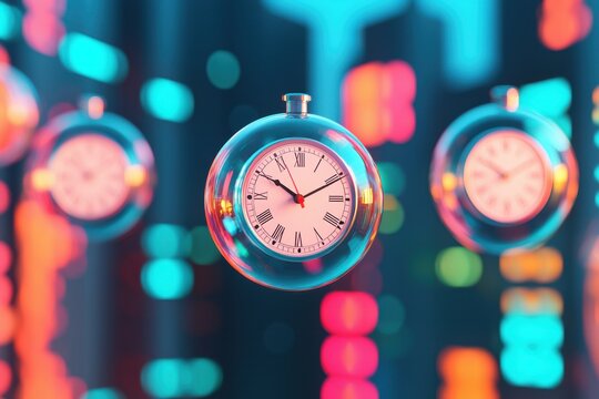 Colorful clocks floating in modern digital environment, abstract futuristic concept.