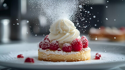 Raspberry Tart with Whipped Cream and Powdered Sugar Dusting - A delicate raspberry tart topped with a swirl of whipped cream, surrounded by fresh raspberries and dusted with powdered sugar.