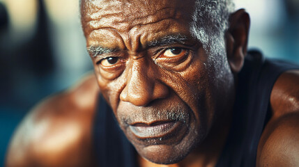 close up portrait of senior african american man with wrinkles in gym  - intensity and determination in his eyes