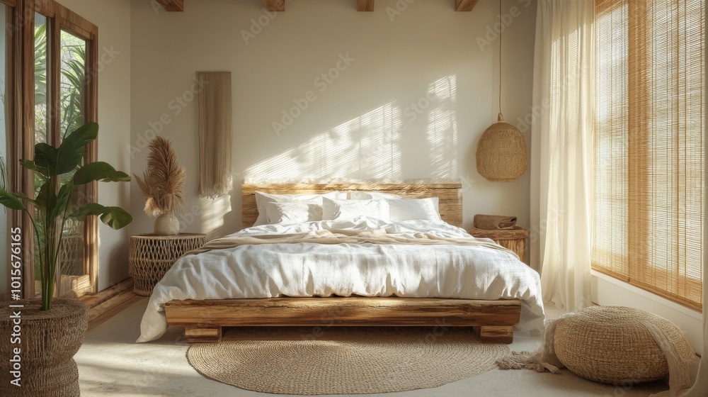 Poster a tranquil bedroom features a wooden bed framed by soft white bedding, complemented by natural decor